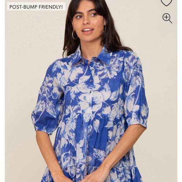 Royal Blue Floral Collared Puff Sleeve Maternity Dress - Picture 5 of 6